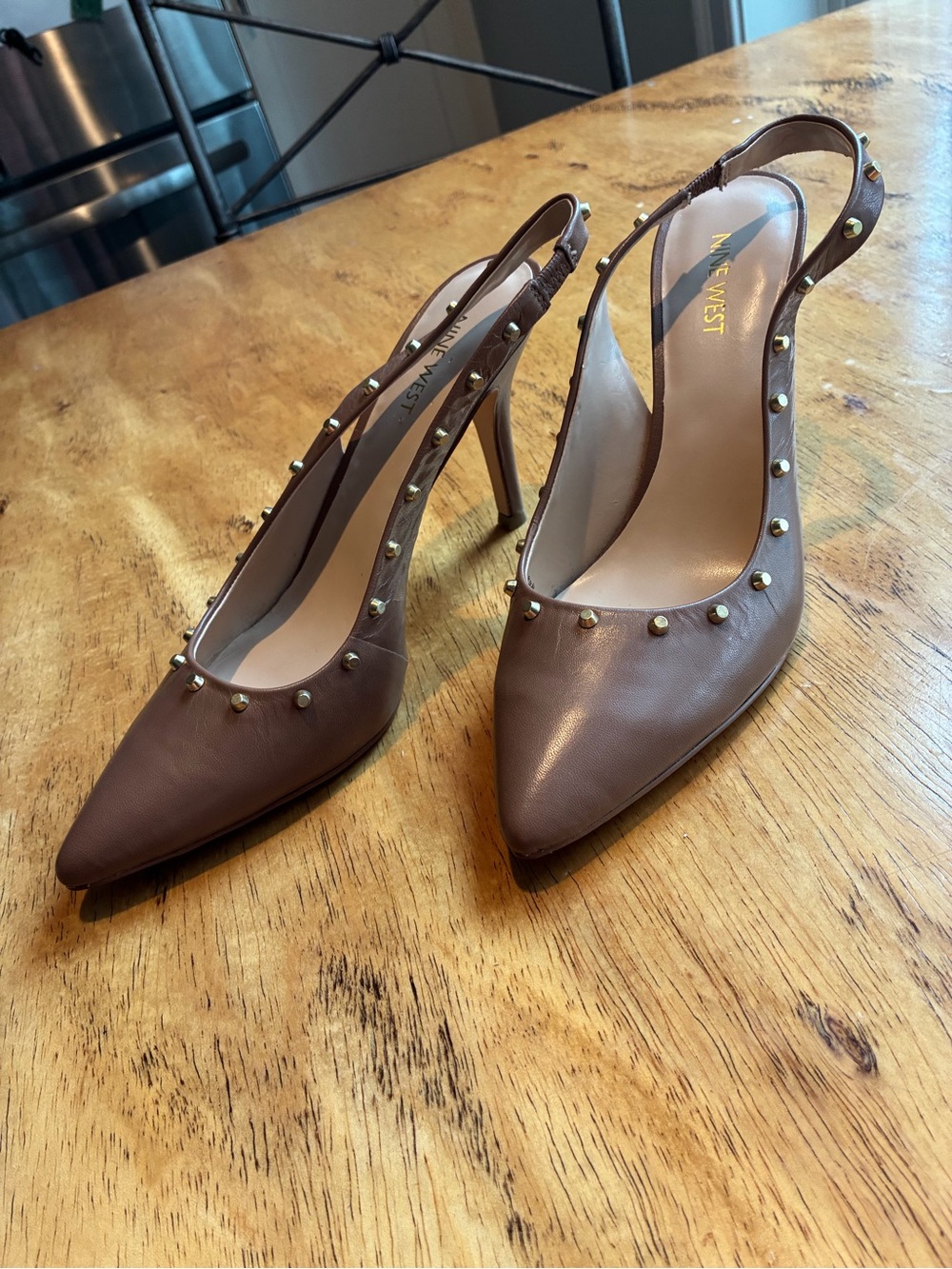 Nine West Taupe Pointed-Toe Studded Slingback Heels NEW
